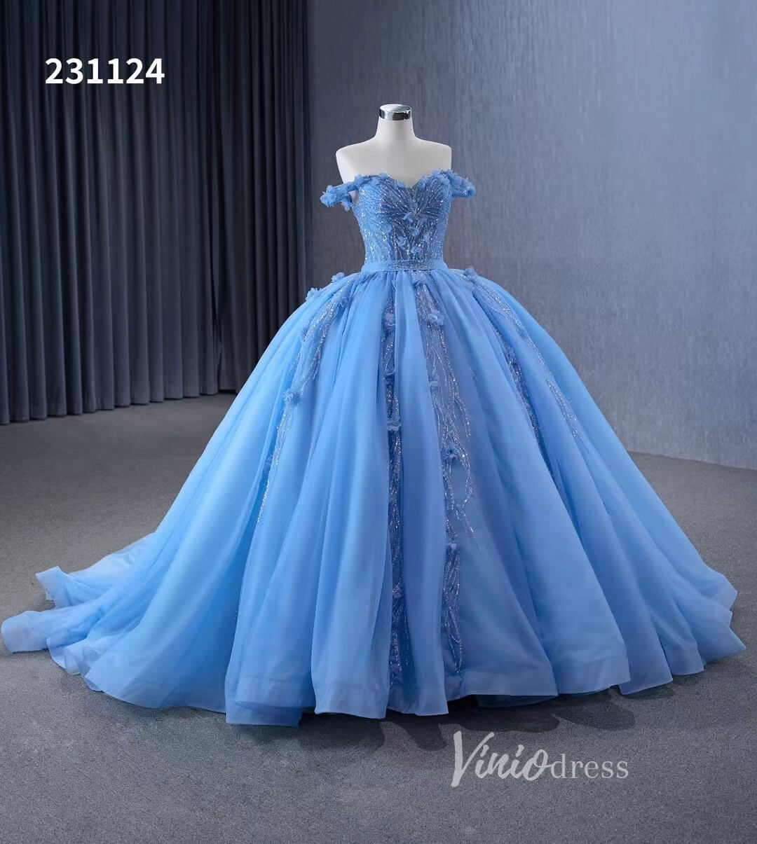 Luxury Light Blue Cinderella Ball Gown Beaded Princess Quinceanera Dresses 231124 - ViniodressQuinceanera DressesLight BlueCustom Size - Formal Dresses - Ball Gowns