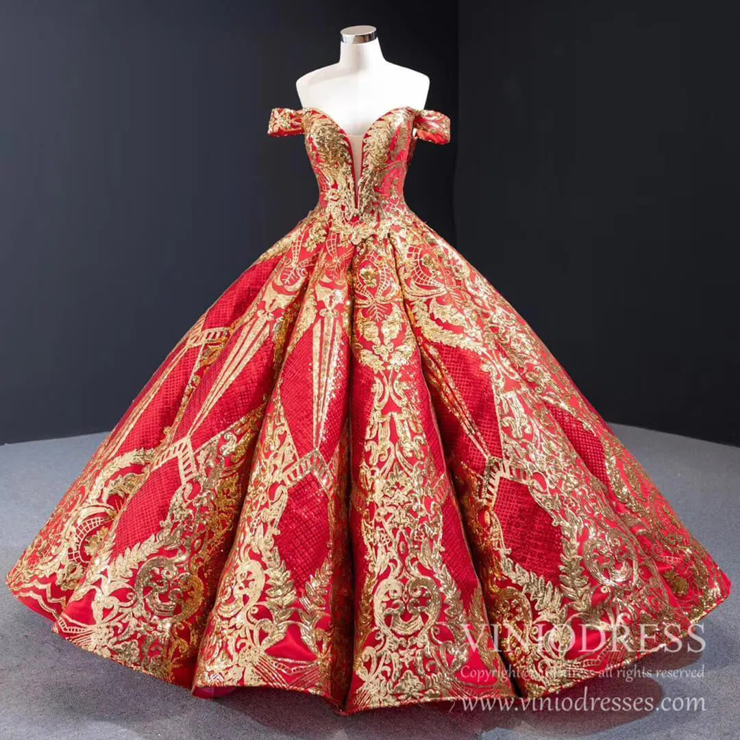 Quinceanera Dresses 2025 Luxury Red Couture Prom Dresses Gold Princess Quinceanera Dress 67026 viniodress-plus size wedding dresses Viniodress-Red-Custom Size-