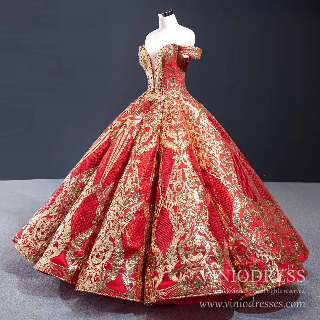 Quinceanera Dresses 2025 Luxury Red Couture Prom Dresses Gold Princess Quinceanera Dress 67026 viniodress-plus size wedding dresses Viniodress-Red-Custom Size-