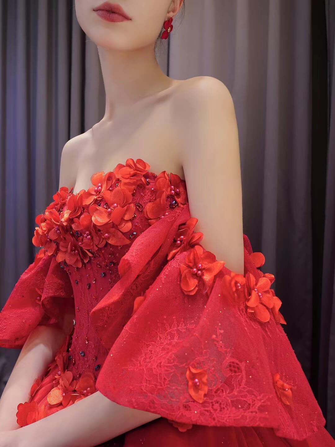 Luxury Sparkly Red Wedding Gowns 3D Flower Quince Dresses, Removable Sleeves 231135 - ViniodressQuinceanera DressesRedCustom Size - Formal Dresses - Ball Gowns