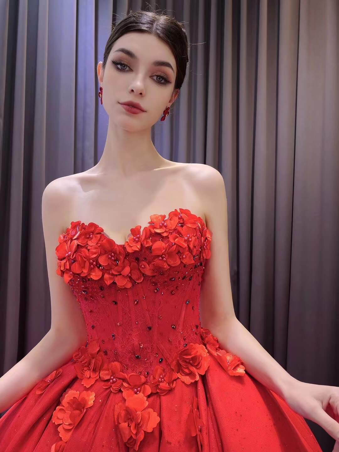 Luxury Sparkly Red Wedding Gowns 3D Flower Quince Dresses, Removable Sleeves 231135 - ViniodressQuinceanera DressesRedCustom Size - Formal Dresses - Ball Gowns