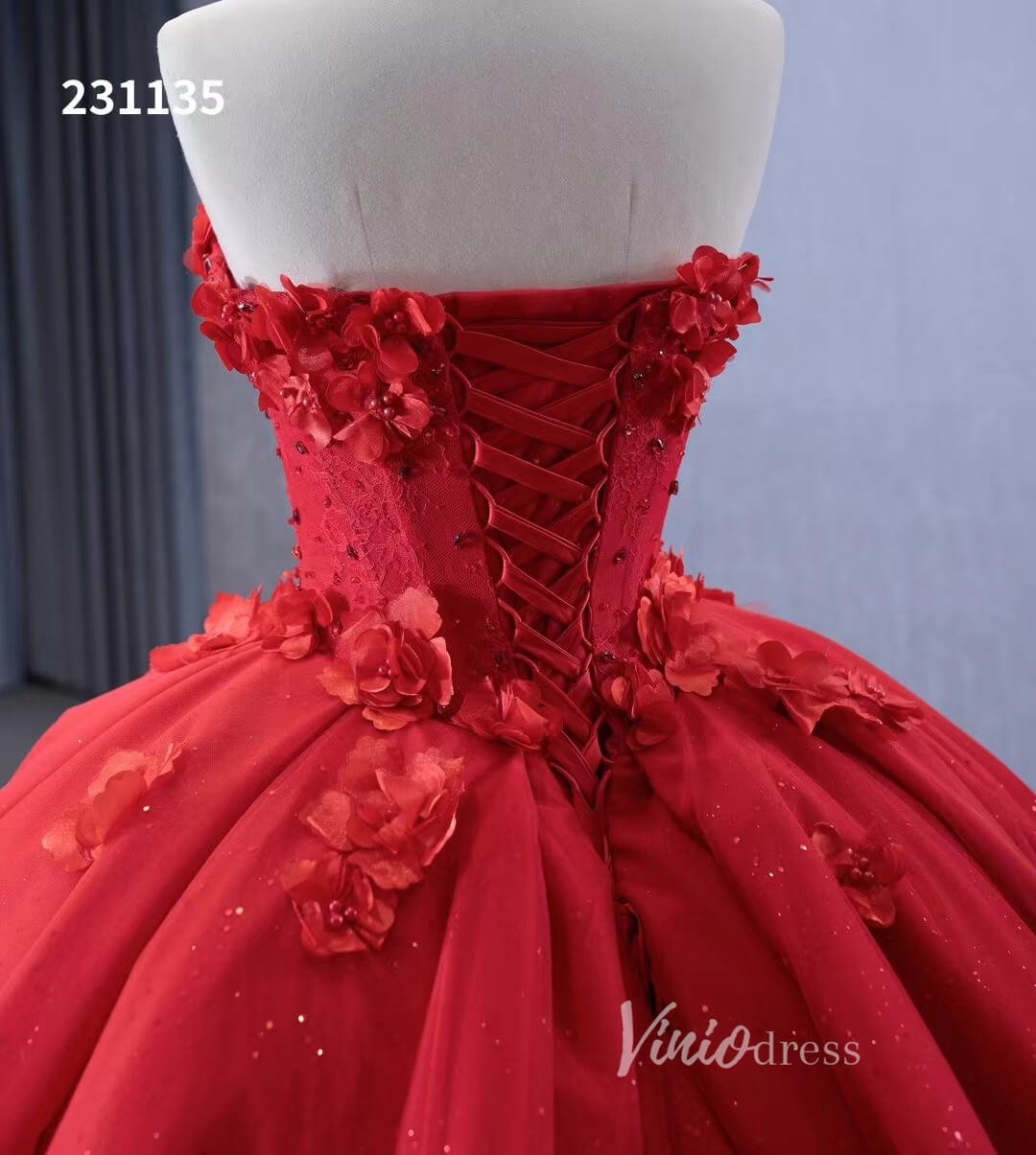 Luxury Sparkly Red Wedding Gowns 3D Flower Quince Dresses, Removable Sleeves 231135 - ViniodressQuinceanera DressesRedCustom Size - Formal Dresses - Ball Gowns