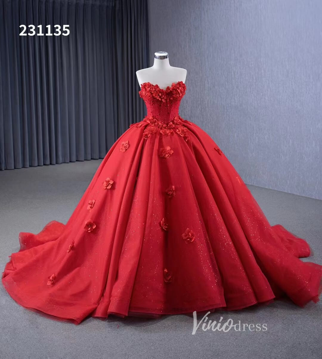 Luxury Sparkly Red Wedding Gowns 3D Flower Quince Dresses, Removable Sleeves 231135 - ViniodressQuinceanera DressesRedCustom Size - Formal Dresses - Ball Gowns