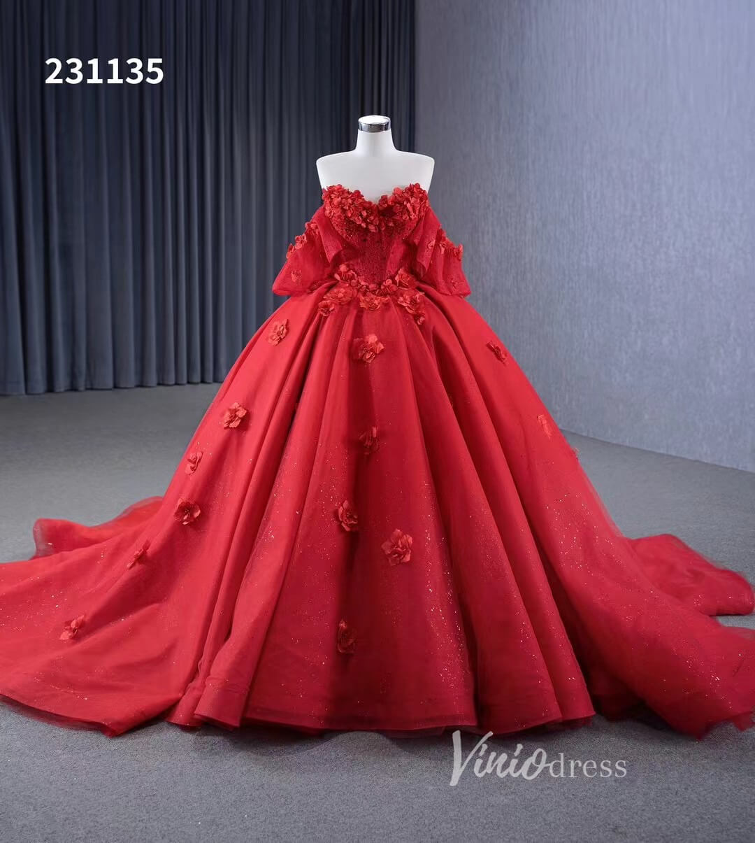 Luxury Sparkly Red Wedding Gowns 3D Flower Quince Dresses, Removable Sleeves 231135 - ViniodressQuinceanera DressesRedCustom Size - Formal Dresses - Ball Gowns