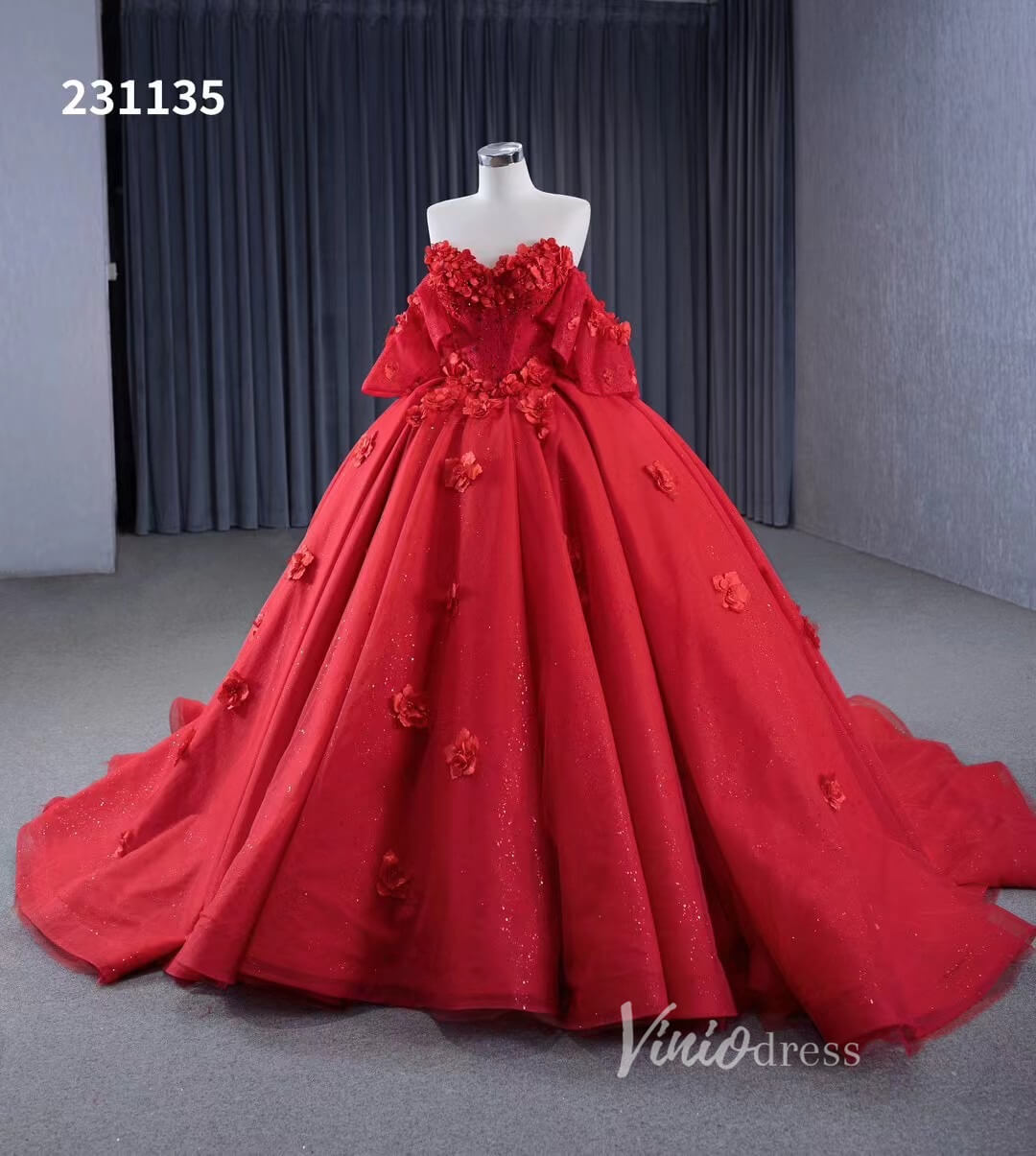 Luxury Sparkly Red Wedding Gowns 3D Flower Quince Dresses, Removable Sleeves 231135 - ViniodressQuinceanera DressesRedCustom Size - Formal Dresses - Ball Gowns