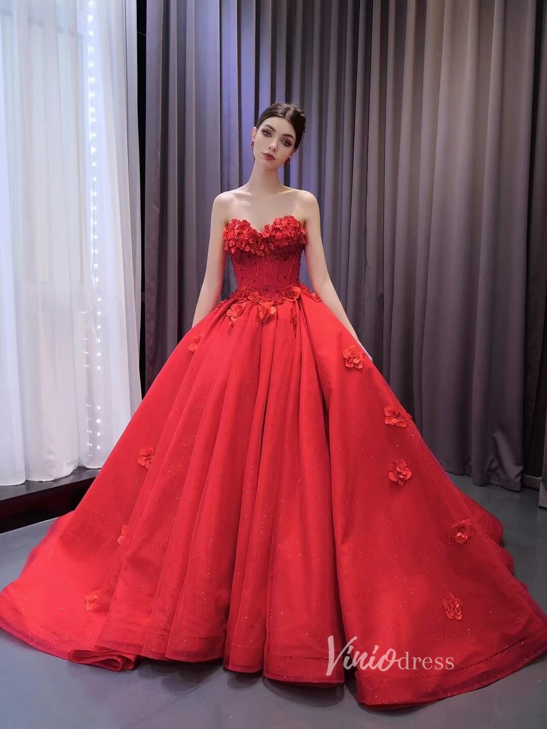 Luxury Sparkly Red Wedding Gowns 3D Flower Quince Dresses, Removable Sleeves 231135 - ViniodressQuinceanera DressesRedCustom Size - Formal Dresses - Ball Gowns