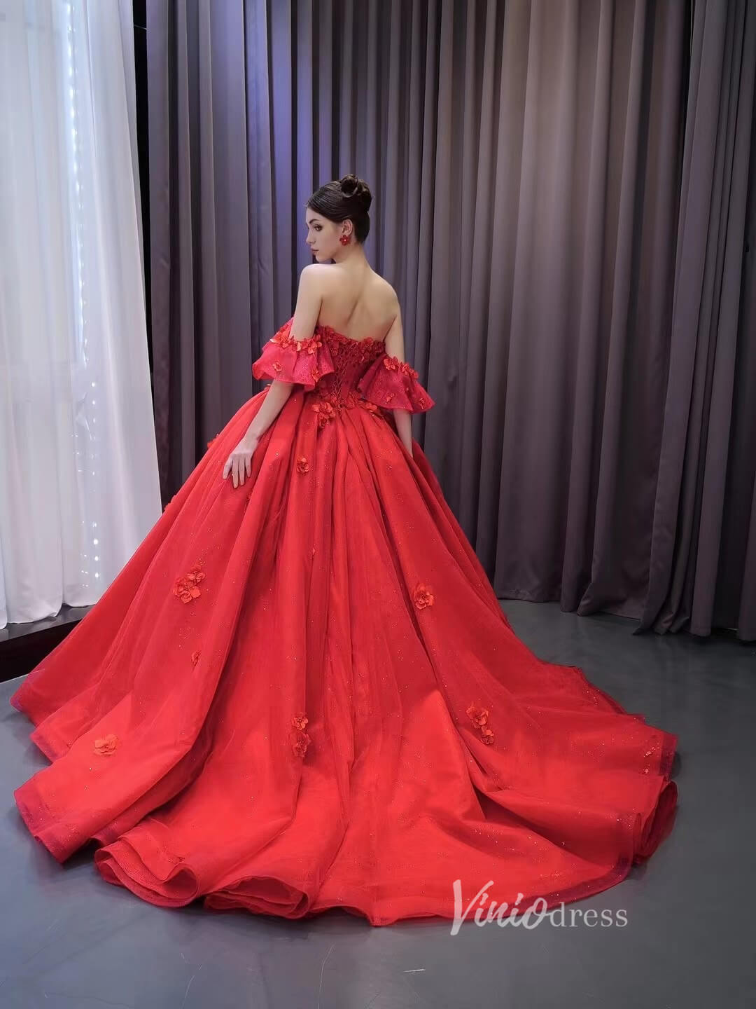 Luxury Sparkly Red Wedding Gowns 3D Flower Quince Dresses, Removable Sleeves 231135 - ViniodressQuinceanera DressesRedCustom Size - Formal Dresses - Ball Gowns