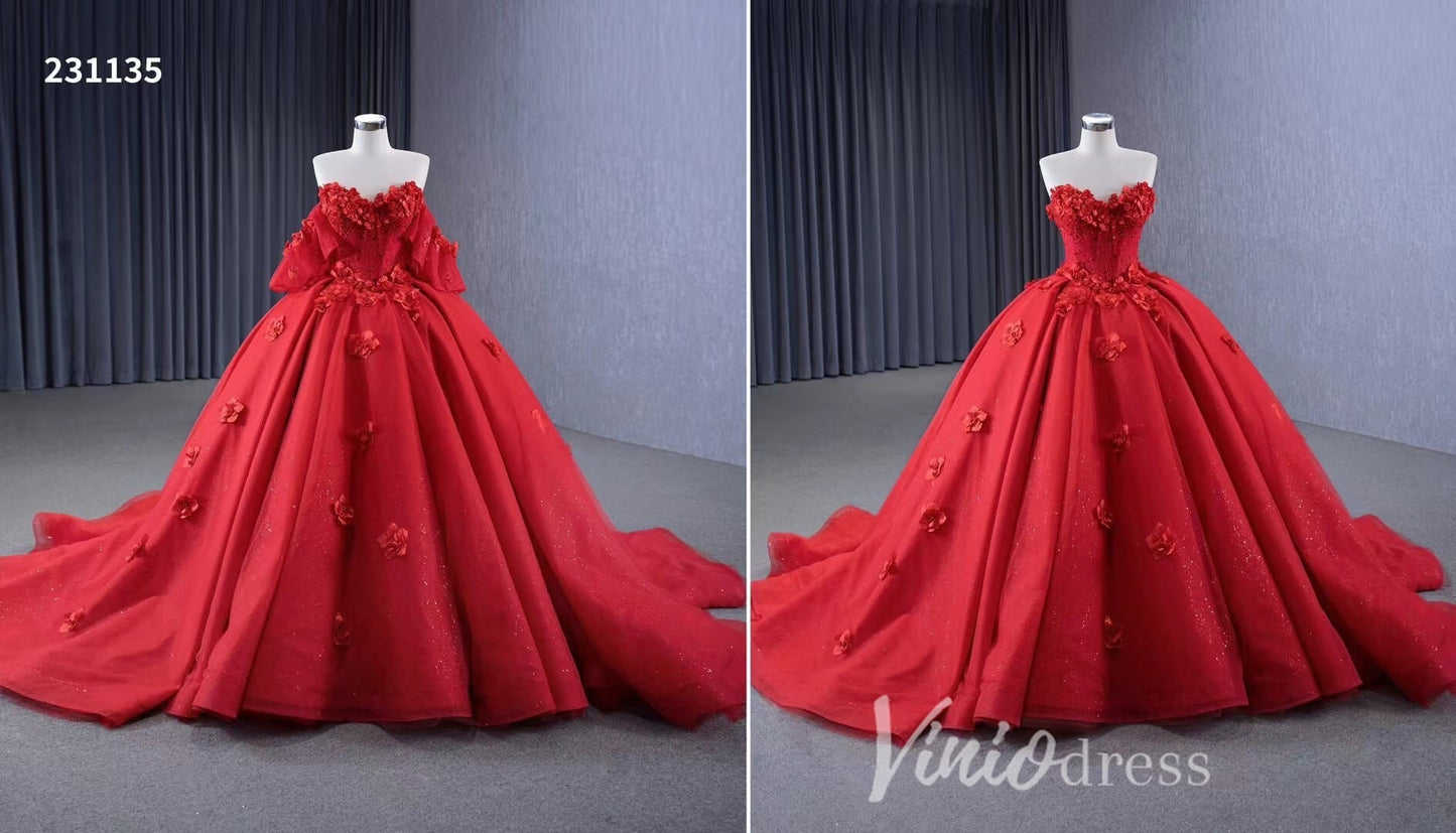 Luxury Sparkly Red Wedding Gowns 3D Flower Quince Dresses, Removable Sleeves 231135 - ViniodressQuinceanera DressesRedCustom Size - Formal Dresses - Ball Gowns