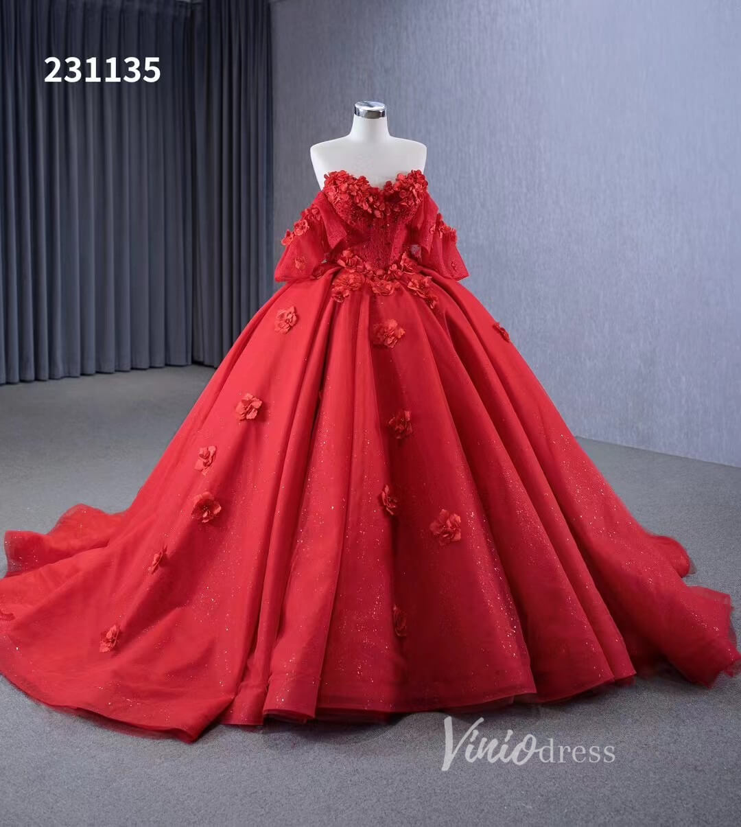 Luxury Sparkly Red Wedding Gowns 3D Flower Quince Dresses, Removable Sleeves 231135 - ViniodressQuinceanera DressesRedCustom Size - Formal Dresses - Ball Gowns