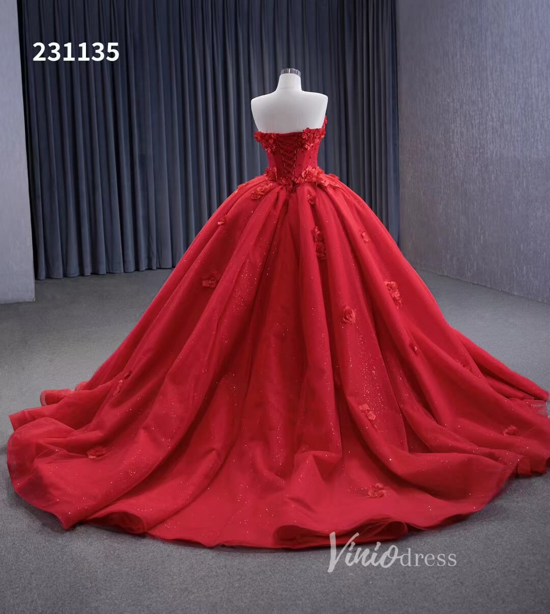 Luxury Sparkly Red Wedding Gowns 3D Flower Quince Dresses, Removable Sleeves 231135 - ViniodressQuinceanera DressesRedCustom Size - Formal Dresses - Ball Gowns