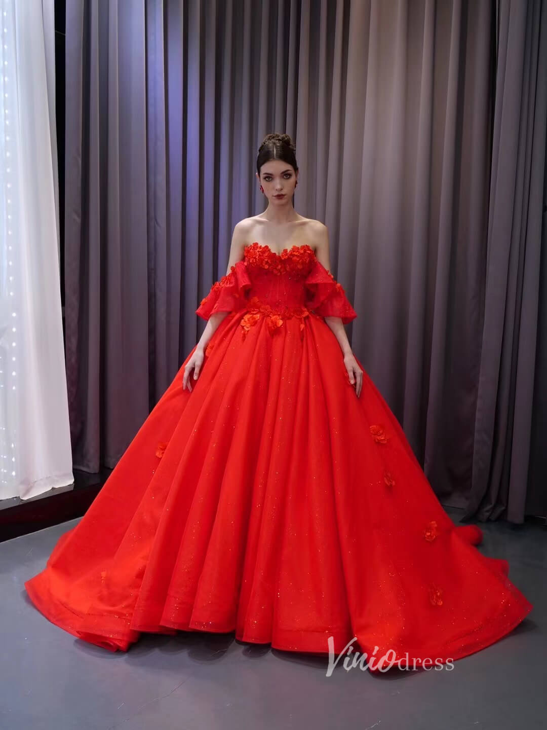 Luxury Sparkly Red Wedding Gowns 3D Flower Quince Dresses, Removable Sleeves 231135 - ViniodressQuinceanera DressesRedCustom Size - Formal Dresses - Ball Gowns