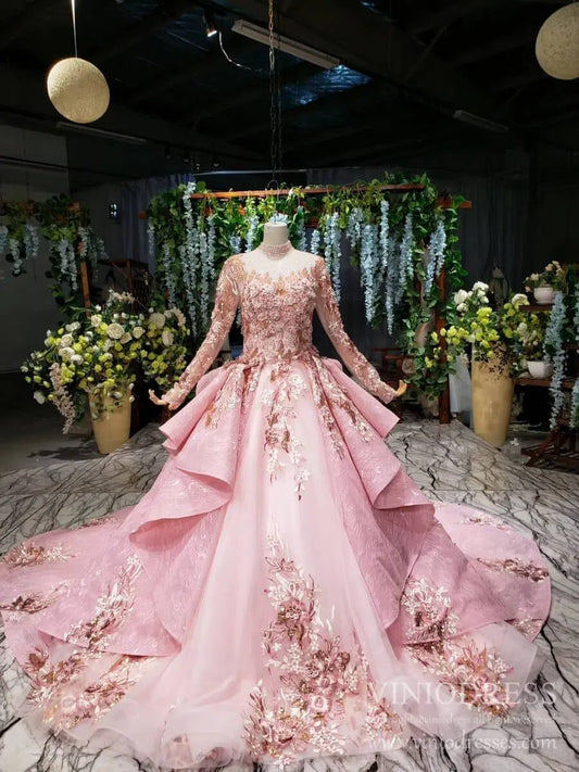 Quinceanera Dresses 2025 Modest Floral High Neck Pink Ball Gowns with Long Sleeves FD2311 viniodress-plus size wedding dresses Viniodress-As Picture-Custom Size-