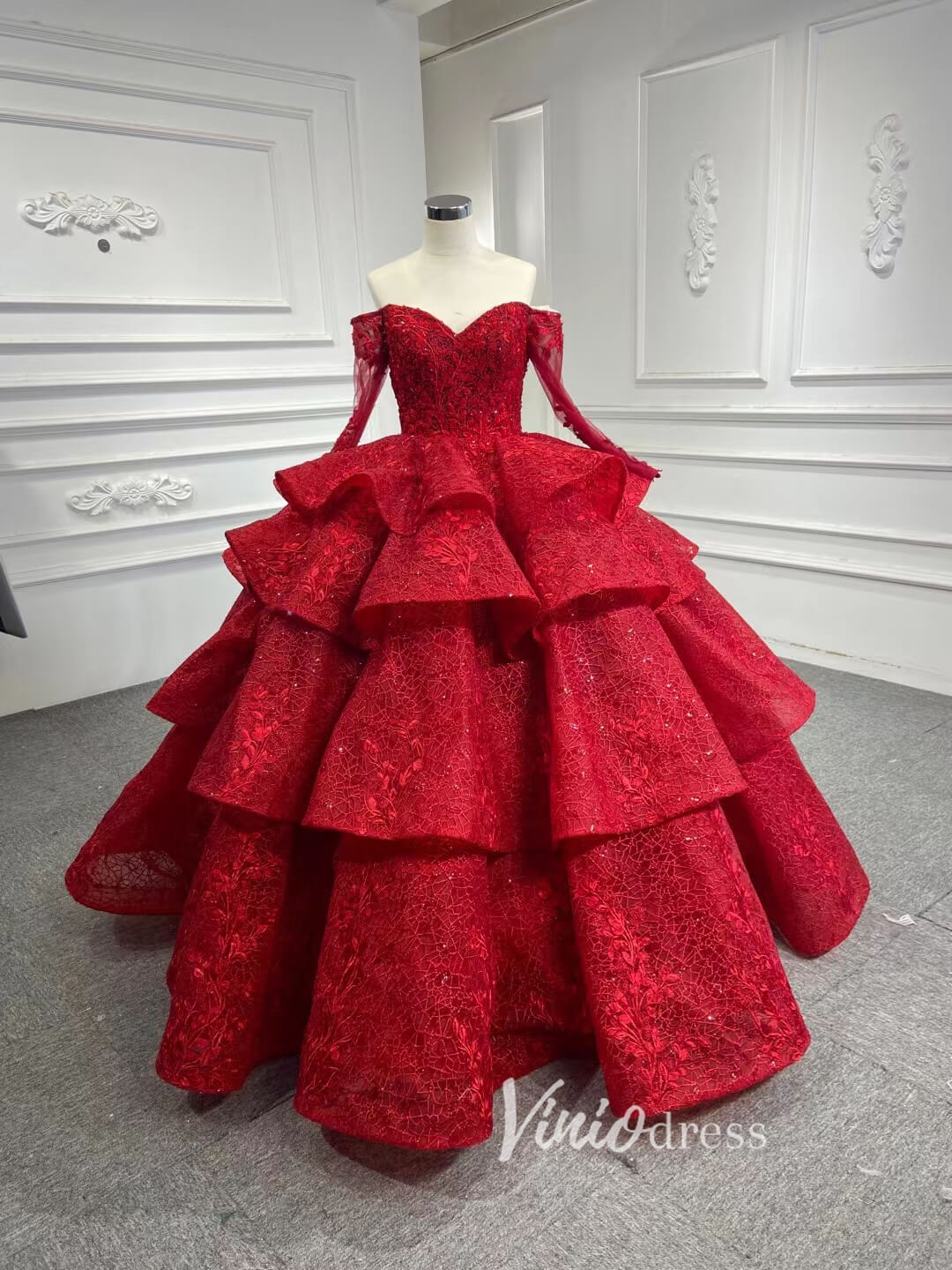 Modest High Neck Red Wedding Dress Long Sleeve Layered Ball Gown 67498-Quinceanera Dresses-Viniodress-Viniodress