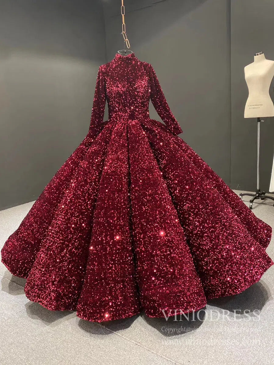 Prom Dress 2025 Modest Purple Wedding Gown High Neck 66991 Long Sleeve-unique Quinceanera Dresses-Burgundy-Custom Size-Viniodress