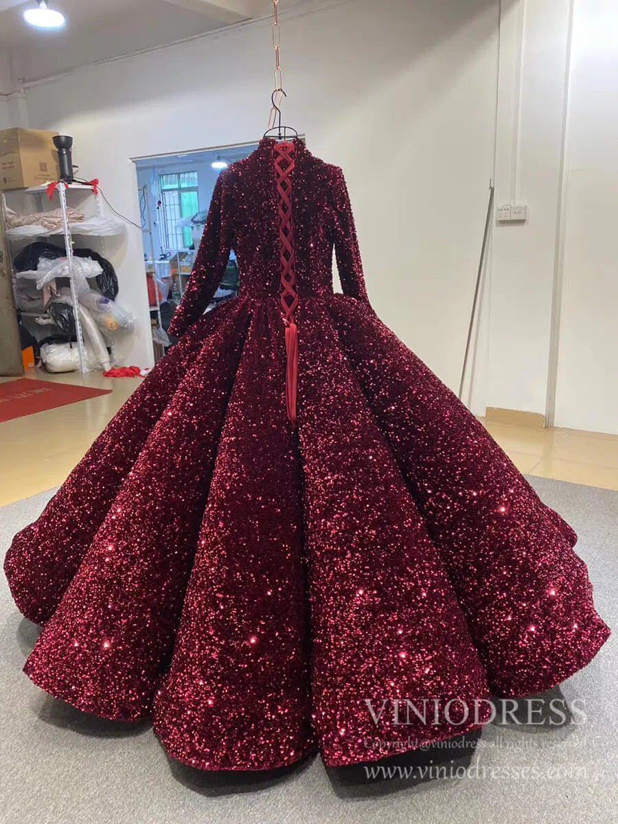 Prom Dress 2025 Modest Purple Wedding Gown High Neck 66991 Long Sleeve-unique Quinceanera Dresses-Purple-Custom Size-Viniodress