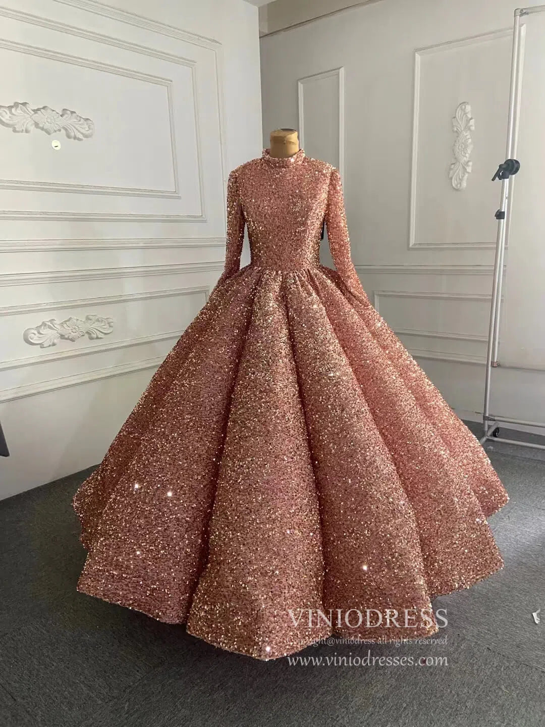 Prom Dress 2025 Modest Purple Wedding Gown High Neck 66991 Long Sleeve-unique Quinceanera Dresses-Rose Gold-Custom Size-Viniodress