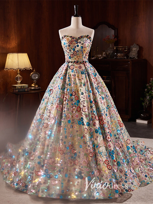 Multicolored Sequin Floral Ball Gown Quince Dresses FD1835-Quinceanera Dresses-Viniodress-Blue-Custom Size-Viniodress