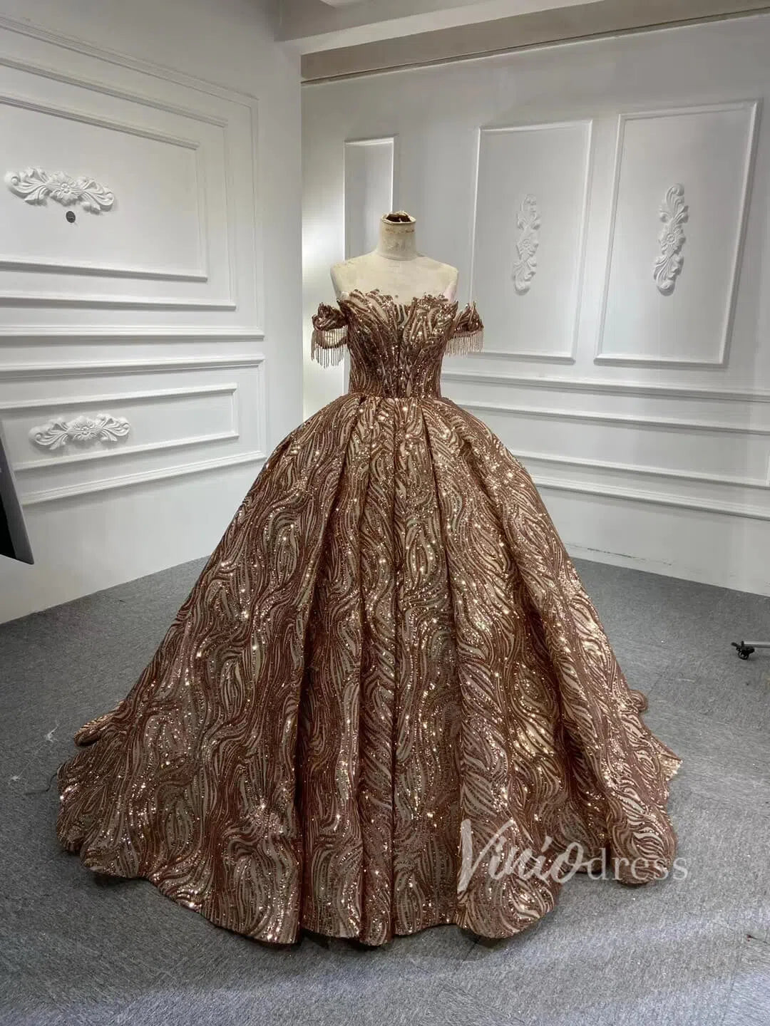 Off the Shoulder Ball Gown Wedding Dress 67411 Gold Lace-Quinceanera Dresses-Viniodress-Gold-Custom Size-Viniodress