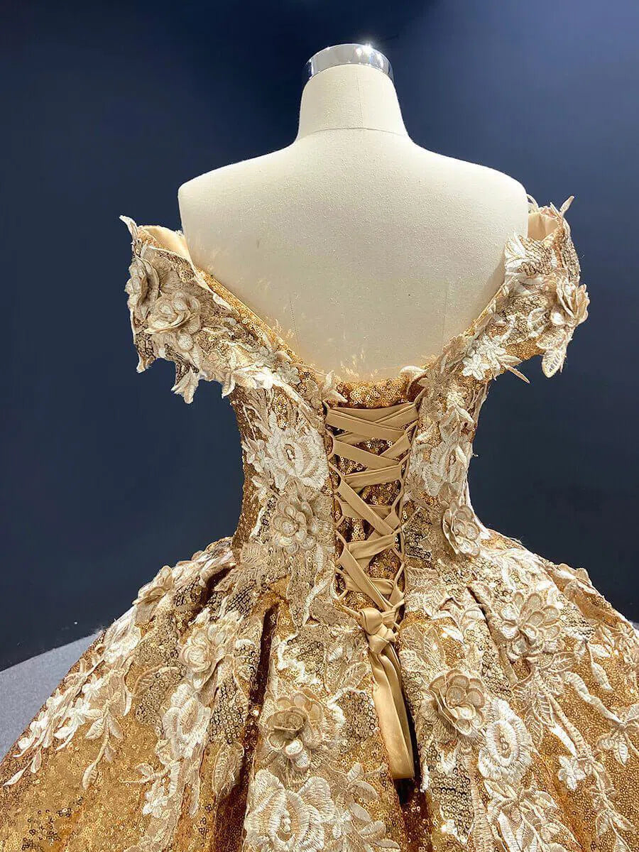 Prom Dress 2025 Off the Shoulder Gold Floral Quinceañera Dresses 66536C viniodress-unique Quinceanera Dresses-Gold-Custom Size-Viniodress