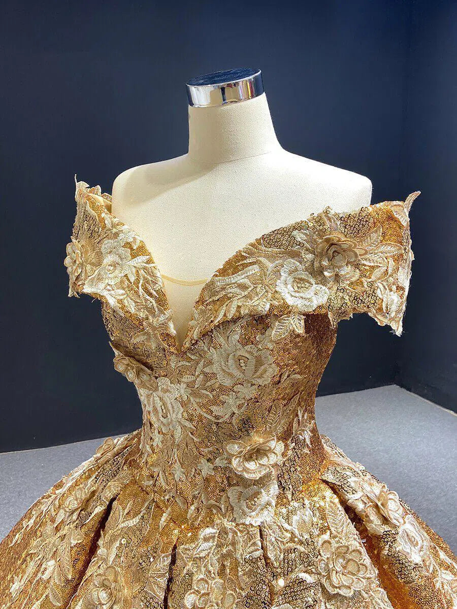 Prom Dress 2025 Off the Shoulder Gold Floral Quinceañera Dresses 66536C viniodress-unique Quinceanera Dresses-Gold-Custom Size-Viniodress