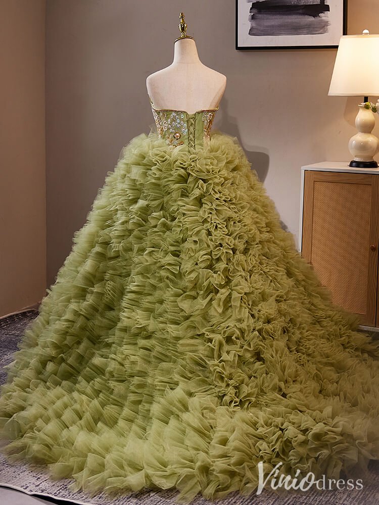 Olive Green Tiered Ruffled Quinceanera Dress Strapless Beaded Lace Prom Ball Gown AD1303 - ViniodressQuinceanera DressesOlive GreenCustom Size - Formal Dresses - Ball Gowns