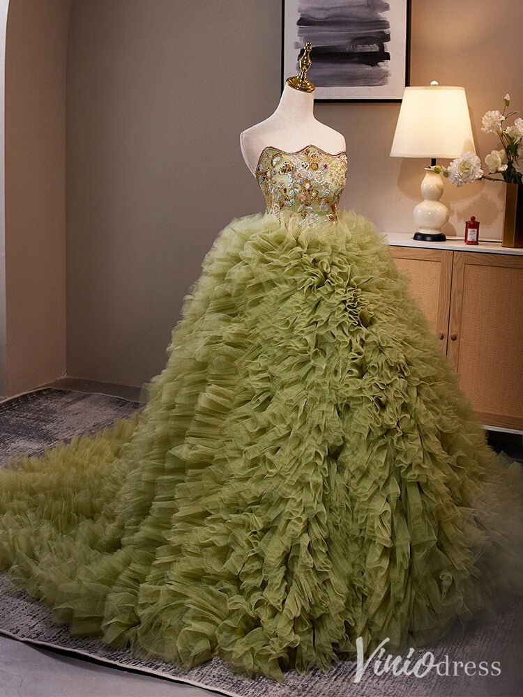 Olive Green Tiered Ruffled Quinceanera Dress Strapless Beaded Lace Prom Ball Gown AD1303 - ViniodressQuinceanera DressesOlive GreenCustom Size - Formal Dresses - Ball Gowns