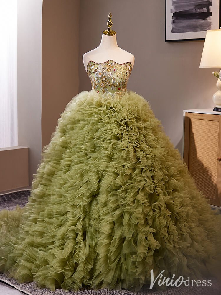 Olive Green Tiered Ruffled Quinceanera Dress Strapless Beaded Lace Prom Ball Gown AD1303 - ViniodressQuinceanera DressesOlive GreenCustom Size - Formal Dresses - Ball Gowns