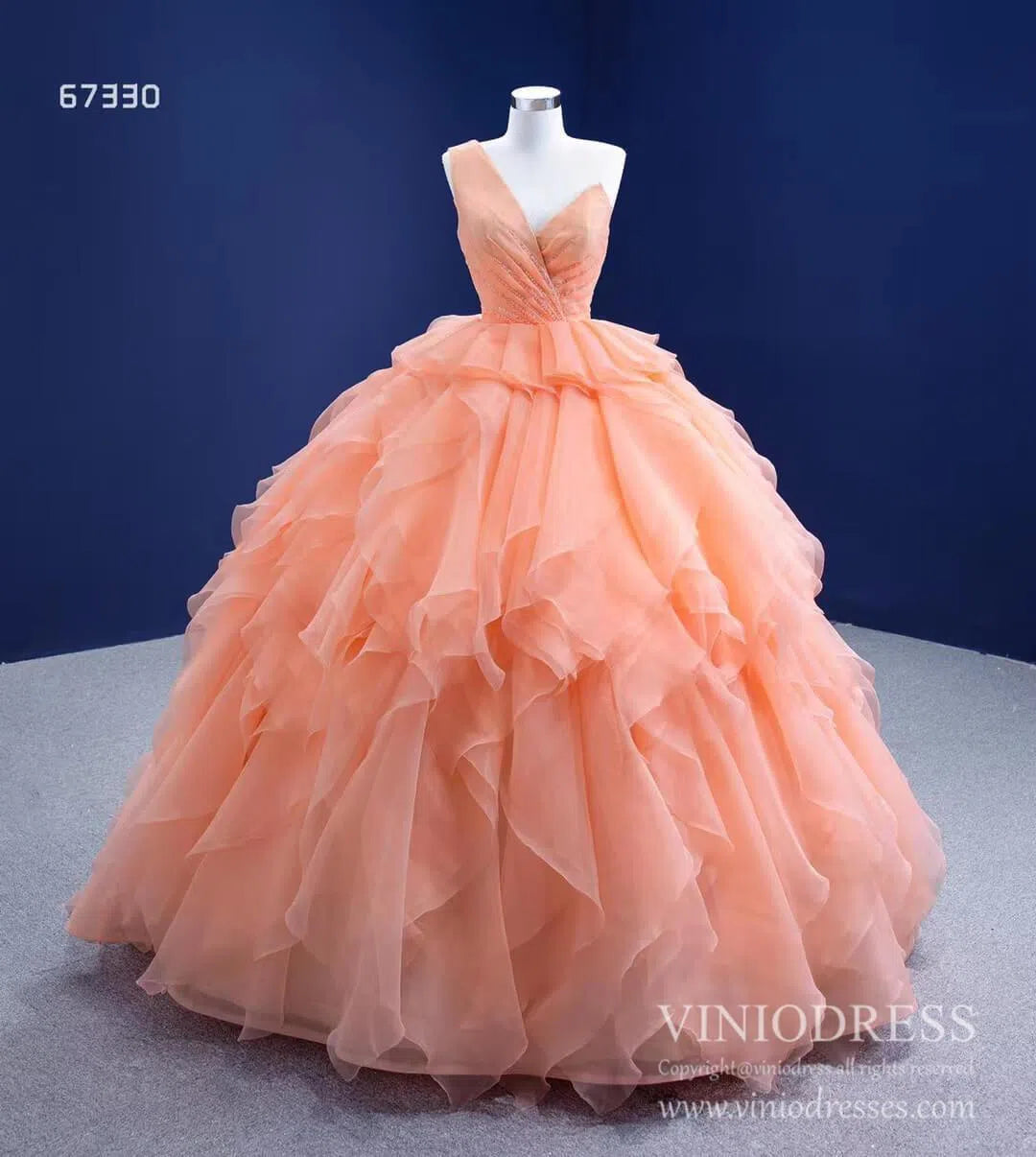 Quinceanera Dresses 2025 Peach Tiered Ruffle Ball Gown Prom Dresses One Shoulder Quince Dress 67330 viniodress-plus size wedding dresses Viniodress-Peach-Custom Size-