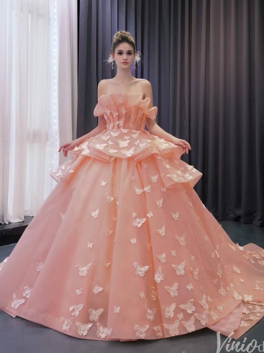 Pink Butterfly Quinceanera Dress Strapless Ball Gown Wedding Dresses 241097 - ViniodressQuinceanera DressesPinkCustom Size - Formal Dresses - Ball Gowns