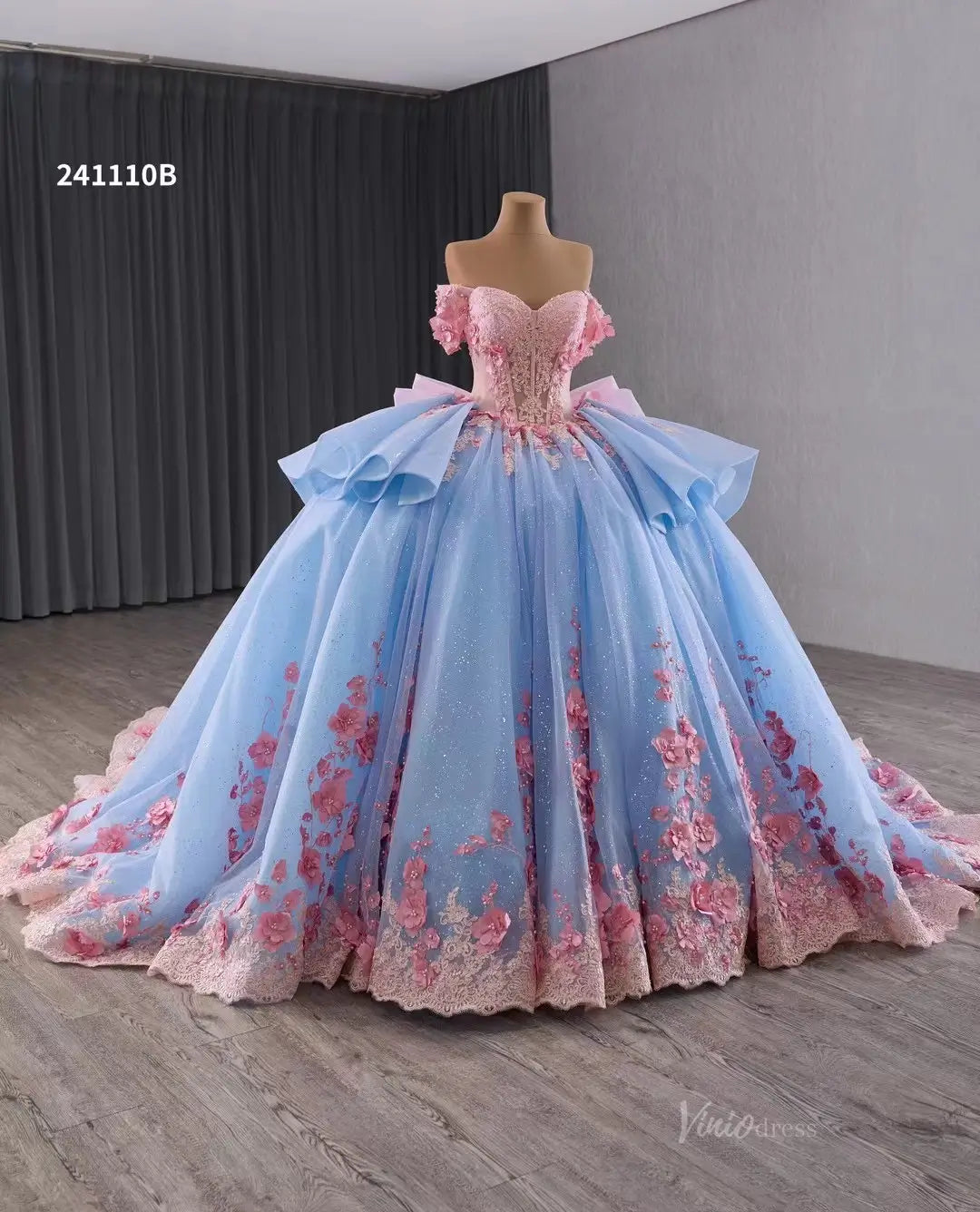 Quinceanera Dresses 2025 Pink Floral Blue Wedding Dresses Off the Shoulder Quinceanera Dresses 241110B-plus size wedding dresses Viniodress-Light Blue-Custom Size-