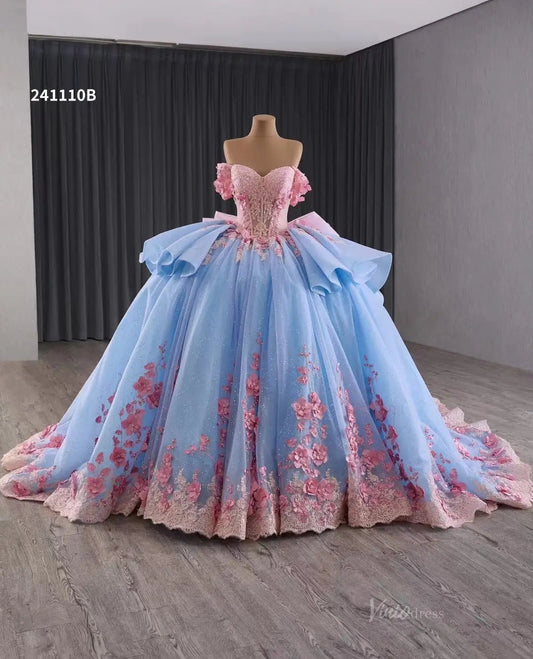 Pink Floral Blue Wedding Dresses Off the Shoulder Quinceanera Dresses 241110B - ViniodressQuinceanera DressesLight BlueCustom Size - Formal Dresses - Ball Gowns