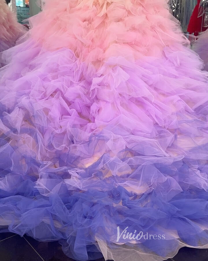 Pink Lavender Ruffle Prom Ball Gown Beaded Tiered Quinceanera Dresses FD3589 - ViniodressQuinceanera DressesPinkCustom Size - Formal Dresses - Ball Gowns