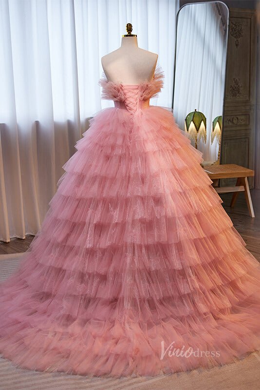 Pink Ruffled Quinceanera Dresses Strapless Ball Gown AD1072 - ViniodressQuinceanera DressesPinkCustom Size - Formal Dresses - Ball Gowns