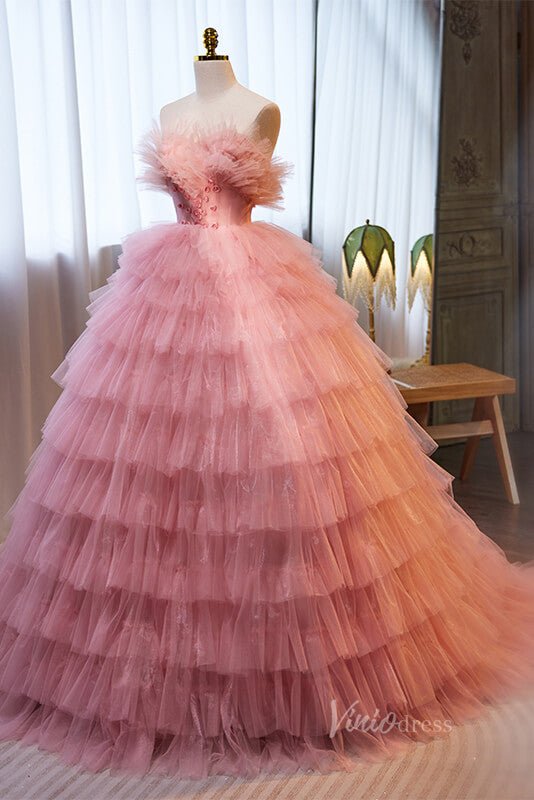 Pink Ruffled Quinceanera Dresses Strapless Ball Gown AD1072 - ViniodressQuinceanera DressesPinkCustom Size - Formal Dresses - Ball Gowns