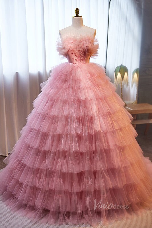 Pink Ruffled Quinceanera Dresses Strapless Ball Gown AD1072 - ViniodressQuinceanera DressesPinkCustom Size - Formal Dresses - Ball Gowns