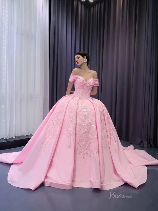 Pink Satin Lace Wedding Dresses Off the Shoulder Quinceanera Dresses 241124 - ViniodressQuinceanera DressesPinkCustom Size - Formal Dresses - Ball Gowns