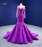 Prom Dress 2025 Purple Lace Mermaid Prom Dresses Long Sleeve Pageant Dress viniodress-unique Quinceanera Dresses-Purple-Custom Size-Viniodress