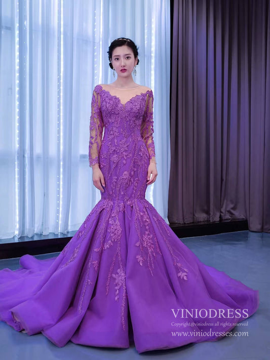 Prom Dress 2025 Purple Lace Mermaid Prom Dresses Long Sleeve Pageant Dress viniodress-unique Quinceanera Dresses-Purple-Custom Size-Viniodress