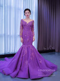 Prom Dress 2025 Purple Lace Mermaid Prom Dresses Long Sleeve Pageant Dress viniodress-unique Quinceanera Dresses-Purple-Custom Size-Viniodress