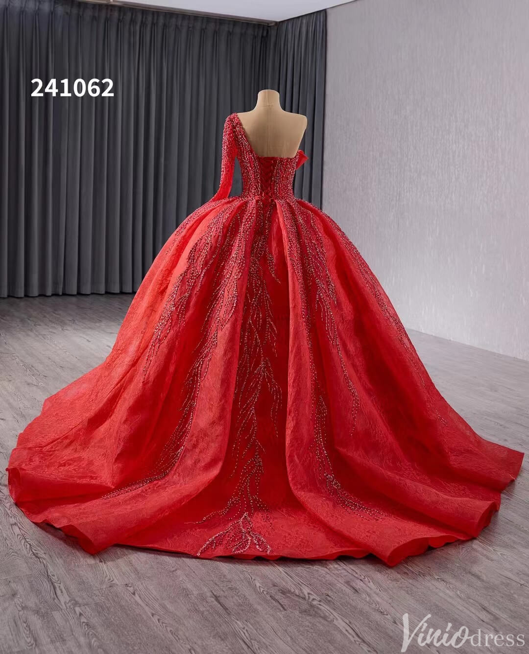 Red One Shoulder Overskirt Wedding Gown Beaded Lace Quinceanera Dress 241062 - ViniodressQuinceanera DressesRedCustom Size - Formal Dresses - Ball Gowns