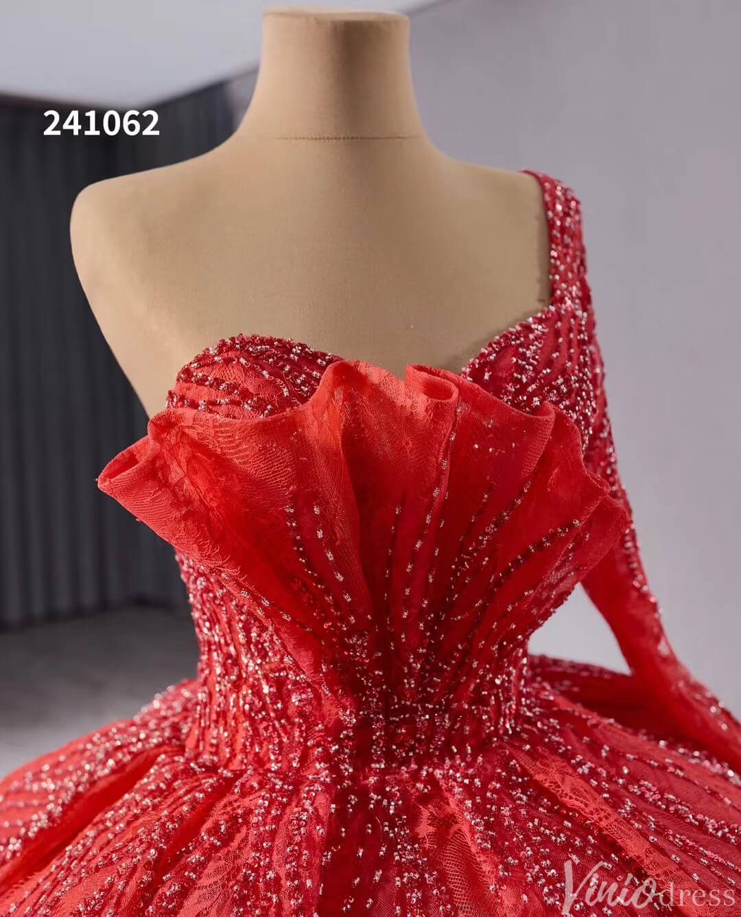 Red One Shoulder Overskirt Wedding Gown Beaded Lace Quinceanera Dress 241062-Quinceanera Dresses-Viniodress-Viniodress