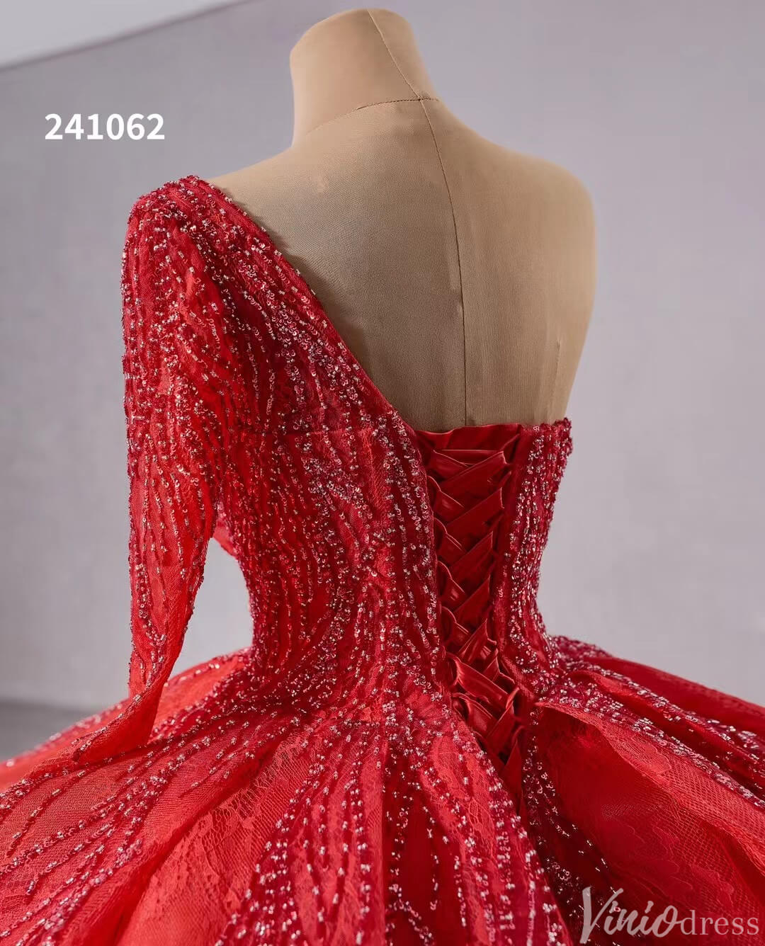 Red One Shoulder Overskirt Wedding Gown Beaded Lace Quinceanera Dress 241062 - ViniodressQuinceanera DressesRedCustom Size - Formal Dresses - Ball Gowns