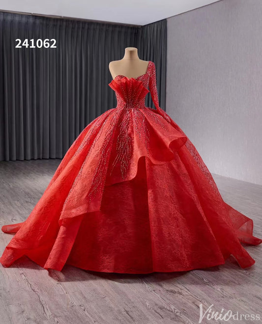 Red One Shoulder Overskirt Wedding Gown Beaded Lace Quinceanera Dress 241062 - ViniodressQuinceanera DressesRedCustom Size - Formal Dresses - Ball Gowns