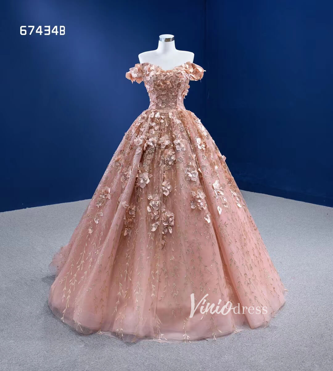 Prom Dress 2025 Rose Gold Floral Quince Gown Sweet 16 Dress with Cape 67434B-unique Quinceanera Dresses-Rose Gold-Custom Size-No Cape-Viniodress