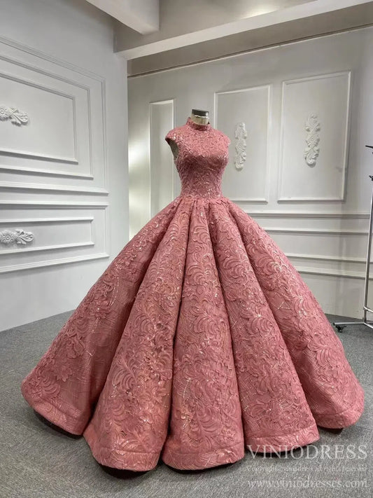 Quinceanera Dresses 2025 Rose Pink Sweet 16 Dress High Neck Ball Gown 66686 Cap Sleeve-plus size wedding dresses Viniodress-Pink-Custom Size-