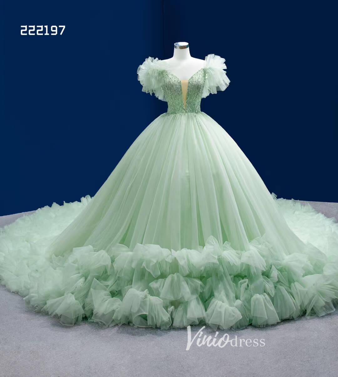 Sage Green Ball Gown Wedding Dresses Tulle Ruffle Sweet 16 Dress 222197-Quinceanera Dresses-Viniodress-Viniodress