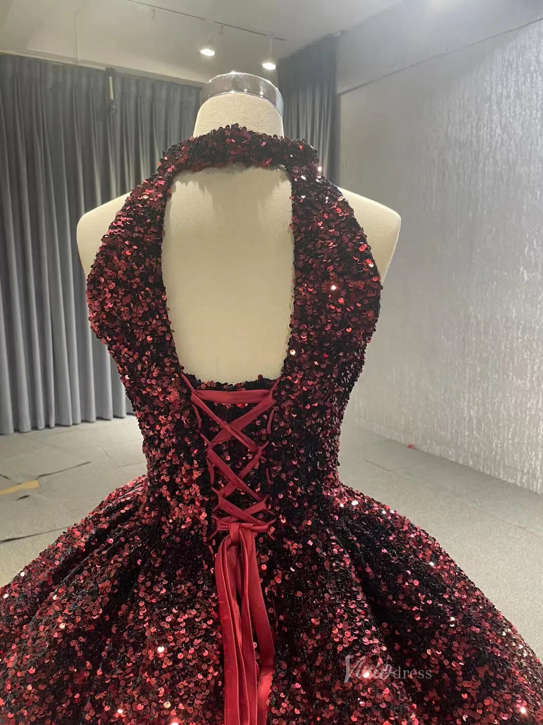 Prom Dress 2025 Shiny Ombre Burgundy Ball Gown Wedding Dresses 66991 Halter Neck, Open Back-unique Quinceanera Dresses-Burgundy-Custom Size-Viniodress