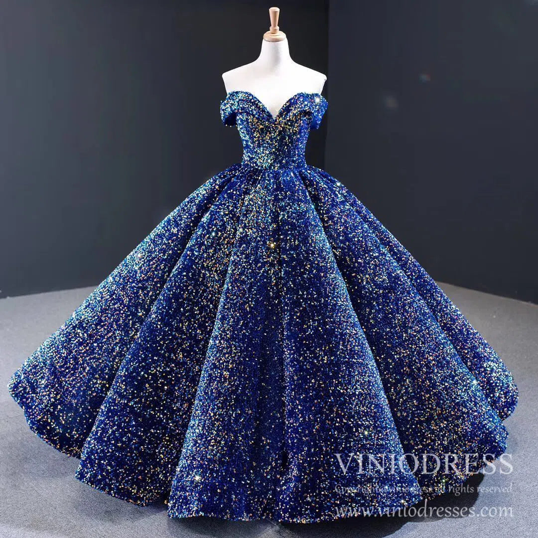 Prom Dress 2025 Shiny Sweet 16 Dress Off the Shoulder Debutante Ball Gown 66991 viniodress-unique Quinceanera Dresses-Blue-Custom Size-Viniodress