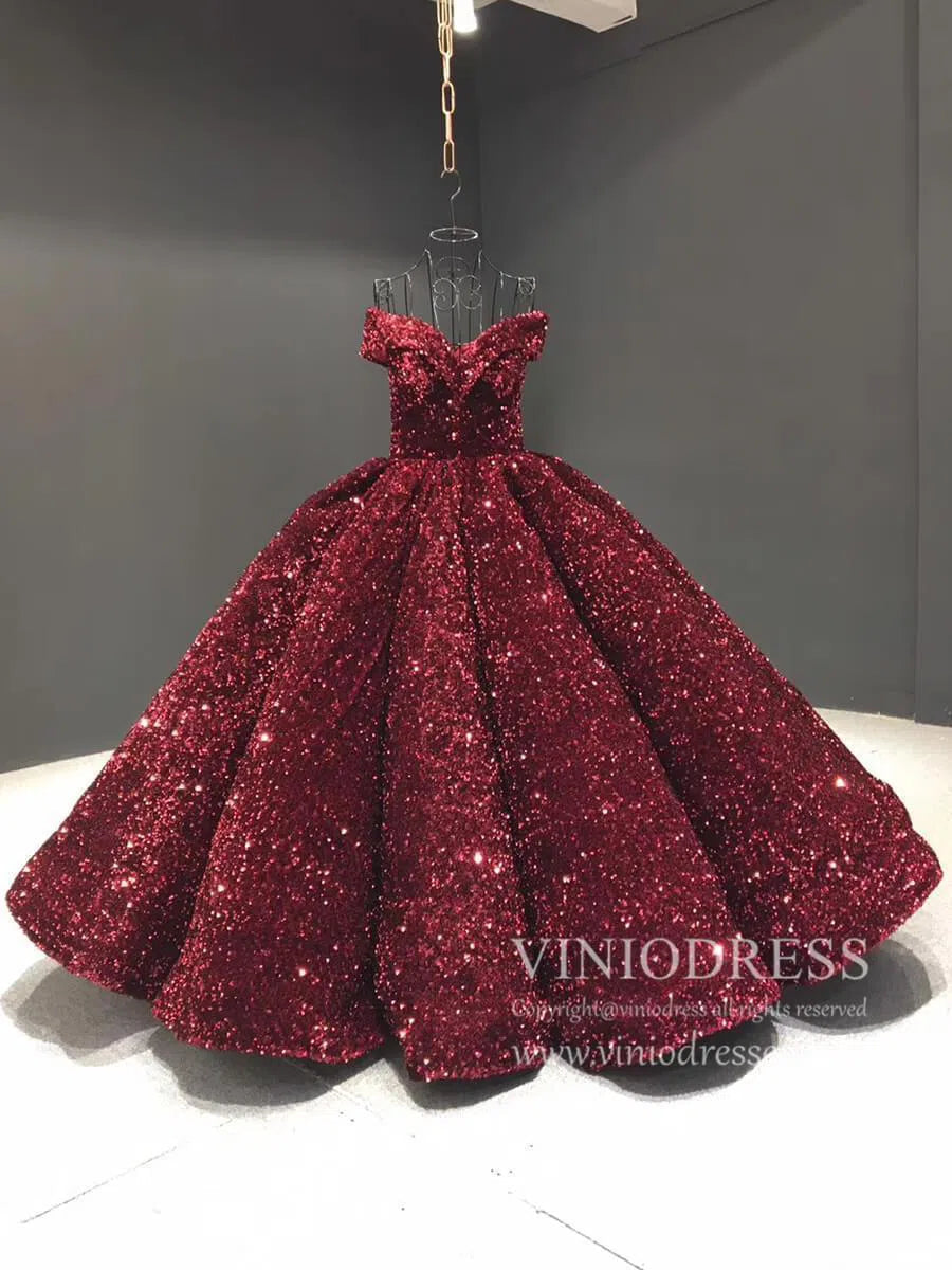 Prom Dress 2025 Shiny Sweet 16 Dress Off the Shoulder Debutante Ball Gown 66991 viniodress-unique Quinceanera Dresses-Burgundy-Custom Size-Viniodress