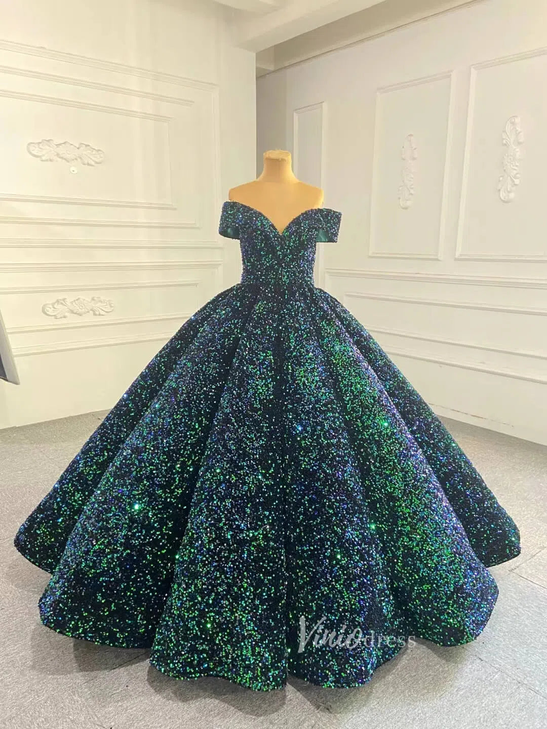 Prom Dress 2025 Shiny Sweet 16 Dress Off the Shoulder Debutante Ball Gown 66991 viniodress-unique Quinceanera Dresses-Green-Custom Size-Viniodress